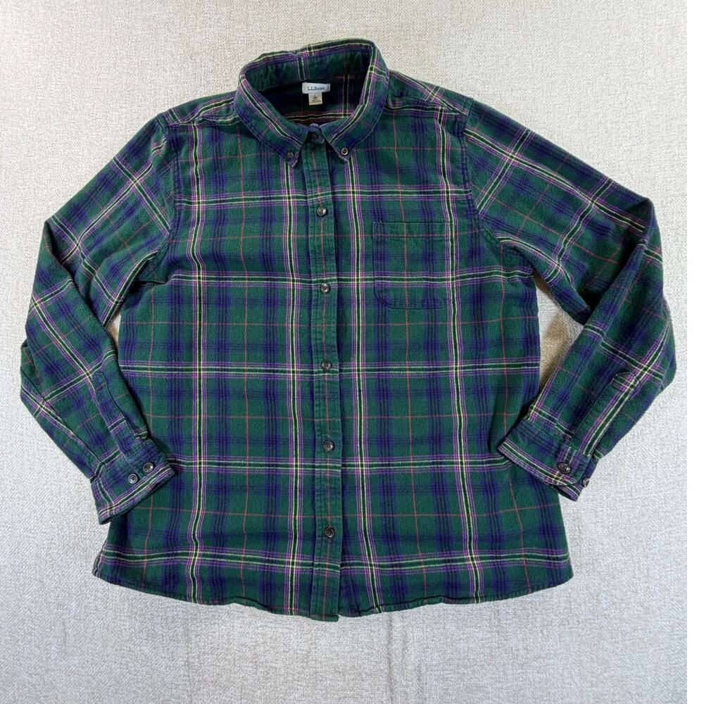 L.L.Bean Women's Large Green Plaid Flannel Long Sleeve Boyfriend Button Shirt